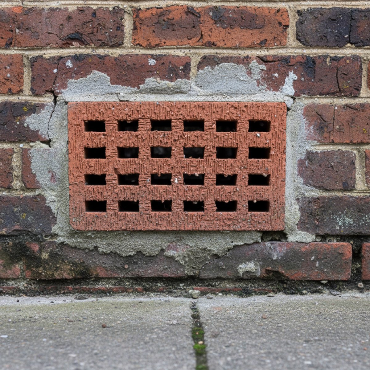 An airbrick set into the bottom courses of a red brick house wall, just above a concrete path, with cracked mortar around its edge.