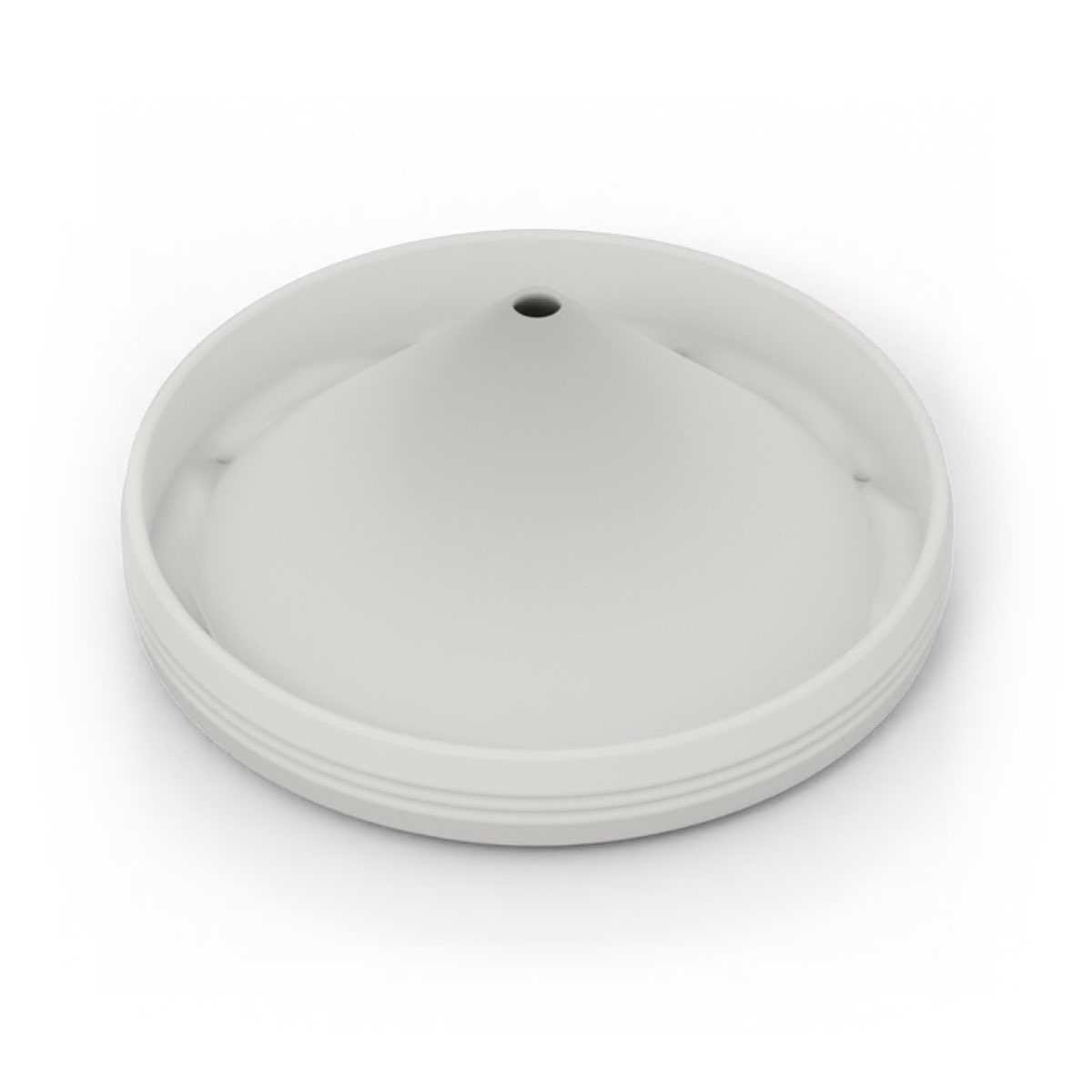 The underside of a white plastic trap lid, showing a cone-shaped funnel rising to a single small hole at its tip.