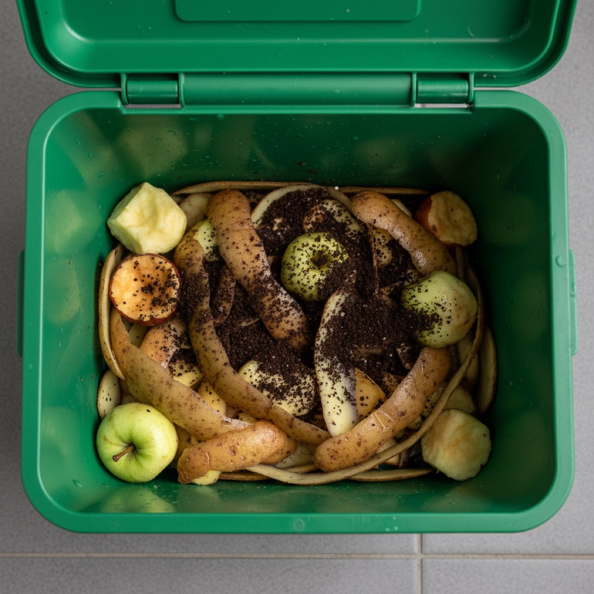 Looking down into an open green kitchen food waste caddy holding apple cores, potato peelings and coffee grounds.